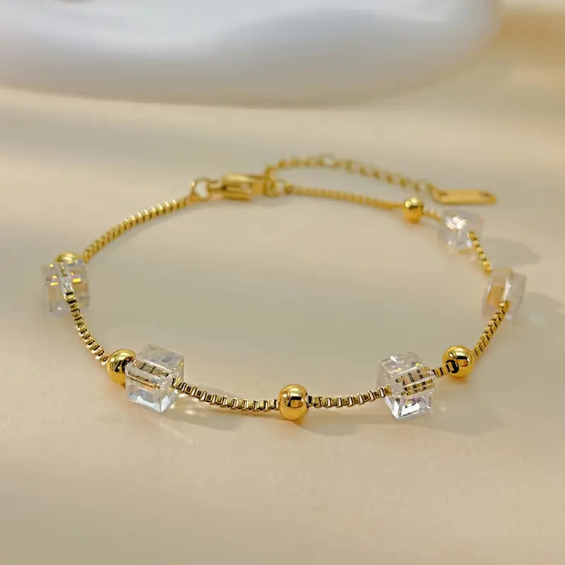 Vintage Armband met Vierkante Glazen Kralen – Elegant & Verstelbaar