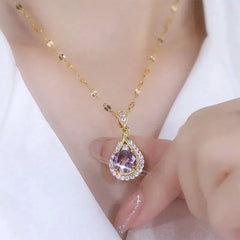 Luxe Ketting met Paarse Waterdruppel Hanger – Roestvrij Staal & Strass