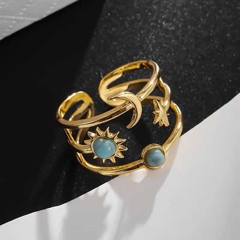 Gouden Verstelbare Ring met Zon, Maan & Ster – Roestvrij Staal met Turkoois Steen | Spirituele Damesring
