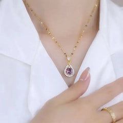 Luxe Ketting met Paarse Waterdruppel Hanger – Roestvrij Staal & Strass
