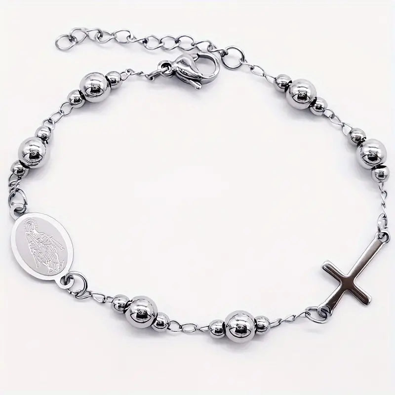 Roestvrijstalen Rozenkrans Armband met Kruis & Heilige Bedel