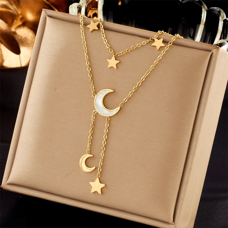 Gelaagde Ketting met Ster & Maan Hangers – Goudkleurig RVS