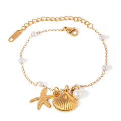 RVS Goudkleurige Armband met Parel & Zeester – Zomerstijl voor Vrouwen