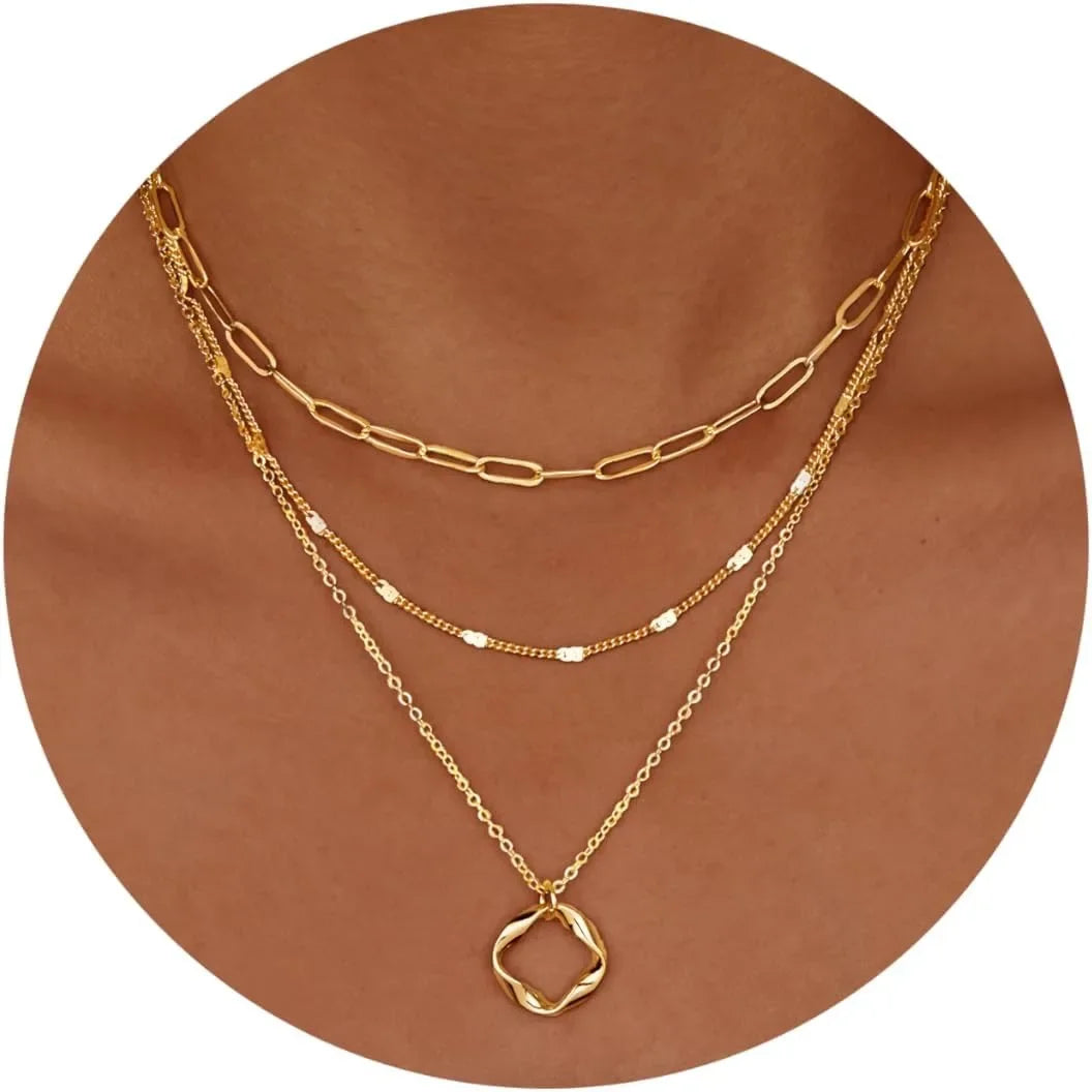 Gelaagde Gouden Ketting Set – 3-Laags Paperclip & Cirkel Hanger