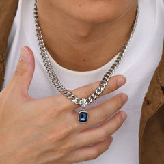 Zilverkleurige Herenketting met Blauwe Zirkonia – Verstelbaar