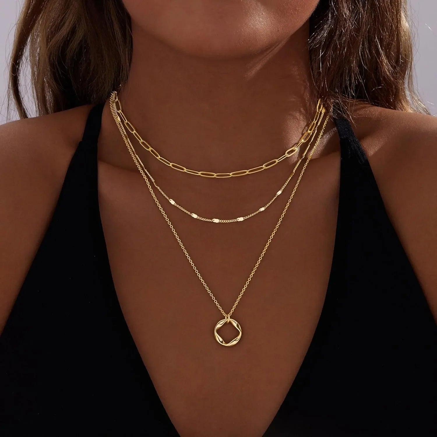 Gelaagde Gouden Ketting Set – 3-Laags Paperclip & Cirkel Hanger