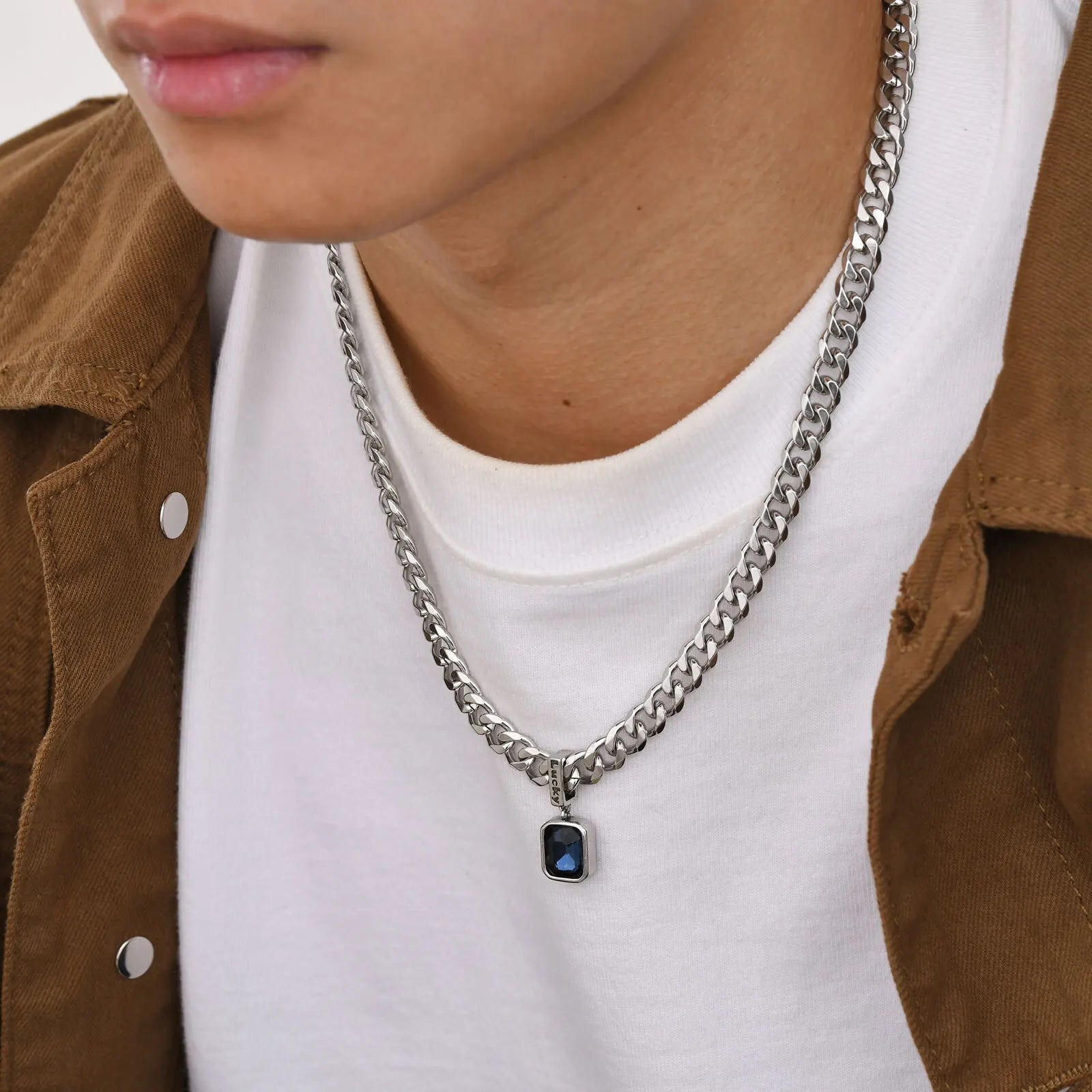 Zilverkleurige Herenketting met Blauwe Zirkonia – Verstelbaar