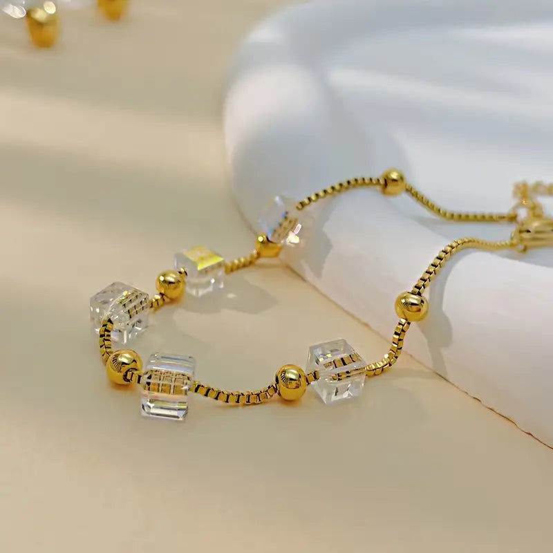 Vintage Armband met Vierkante Glazen Kralen – Elegant & Verstelbaar