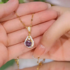 Luxe Ketting met Paarse Waterdruppel Hanger – Roestvrij Staal & Strass